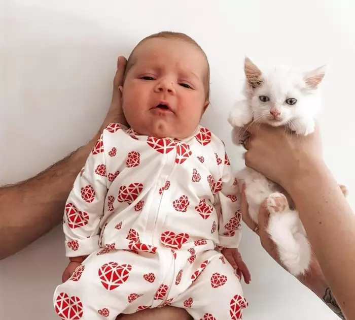 Ето снимка на бебето на Лорън и едно от котенцата заедно.