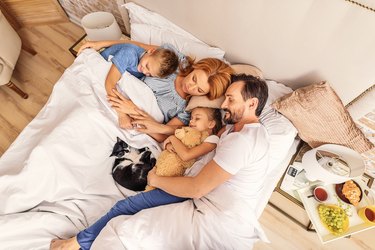 Котка спи със семейството си